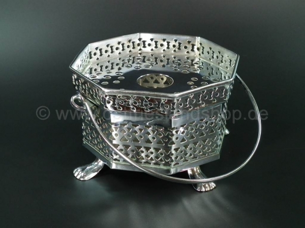 Teestövchen Teewärmer Messing verchromt 8-eckig mit Bügelgriff