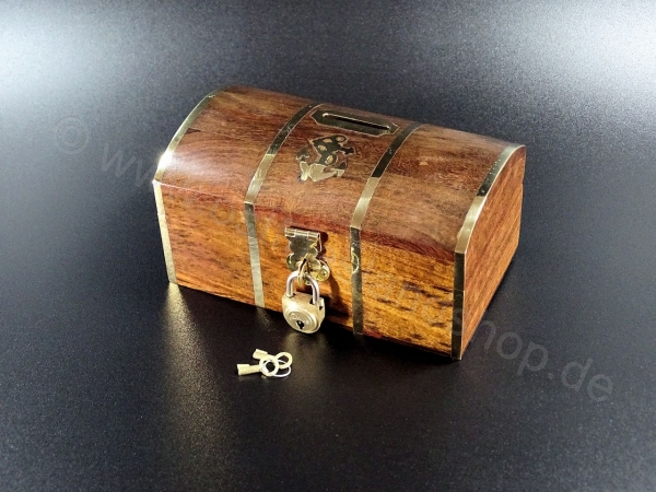 Spardose / Schatztruhe Holz mit Messingstreifen ca.14 x 8 x 6,5 cm mit Schloss