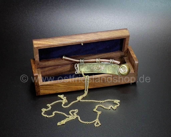 Bootsmannpfeife aus Messing mit Holzbox