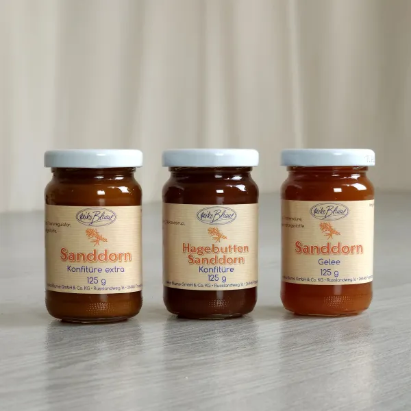 Set aus 3 verschiedene Sorten Sanddorn-Konfitüre/ Gelee je 125g