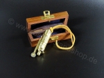 Sturmfeuerzeug Messing ca. 8 cm für Benzinbefüllung mit Lederriemen und Holzbox